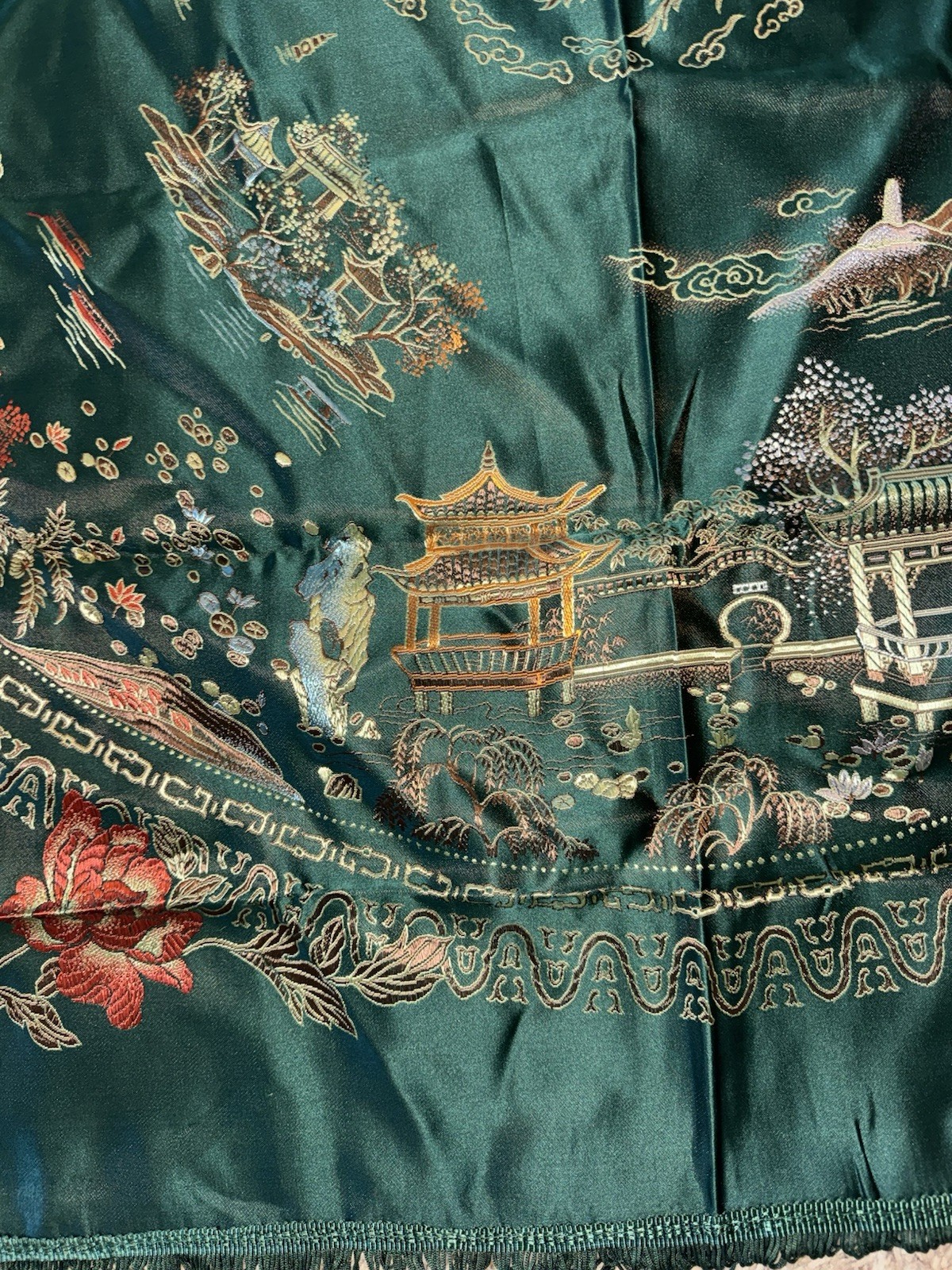 VTG Hangzhou Chinese Silk Brocade Piano Scarf Dragon Phoenix Tablecloth 48”