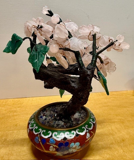 Chinese Quartz & Jade Flower Tree in Cloisonne Pot Vintage Bonzai for good luck