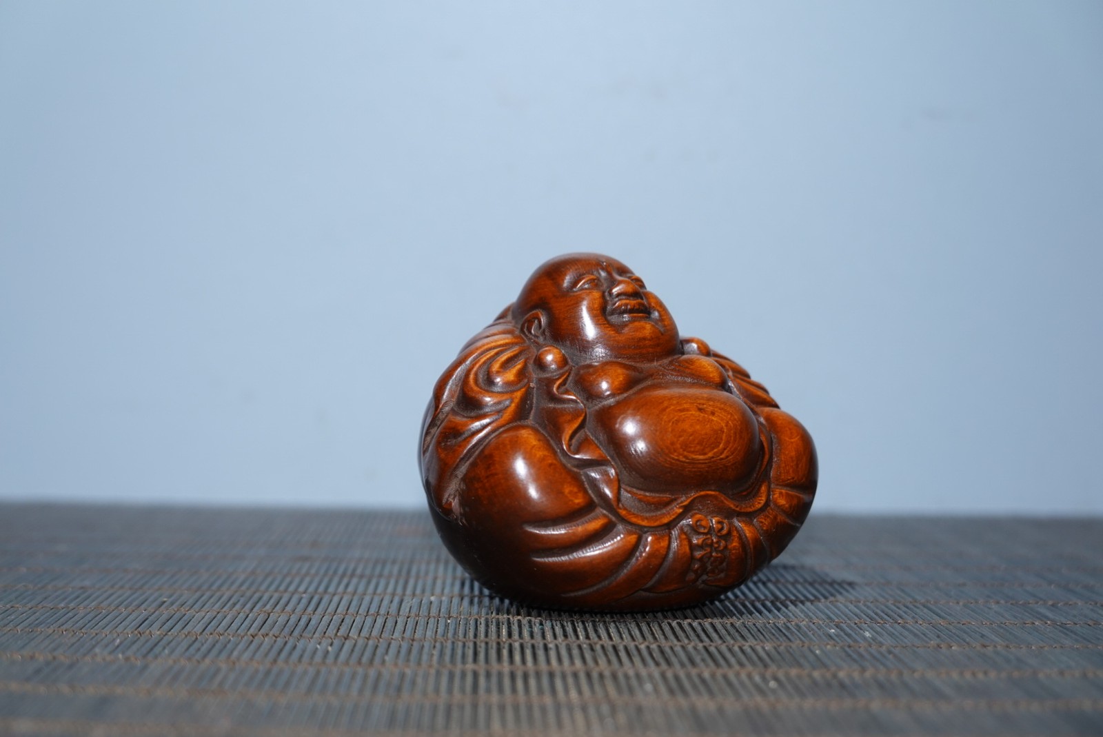 2.4″ Collect China Box-wood Carving Buddhism Happy Laugh Maitreya Buddha Statue