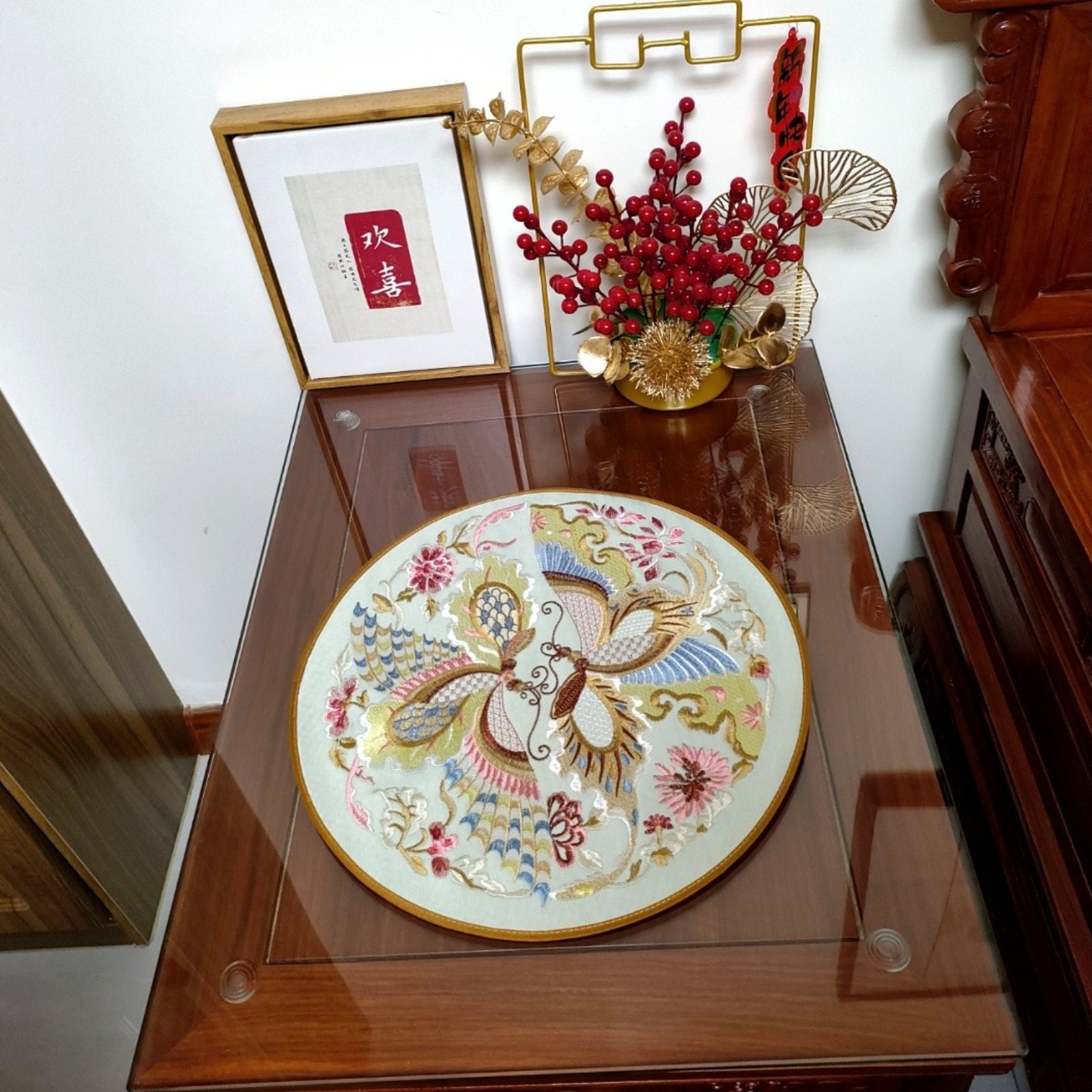 Chinese Embroidery Double Phoenix Round Placemat 37cm Non-Slip