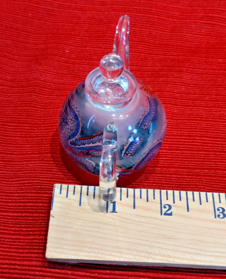 VTG Asian Glass Teapot Mini Reverse Painted Dragons Tea Pot Gift Box Small
