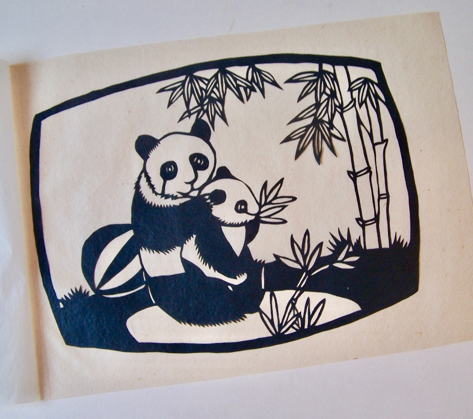 6 VINTAGE CHINESE PAPER CUTS IN ORIGINAL FOLDER PANDAS 6.5 X 5.25″ UNFRAMED