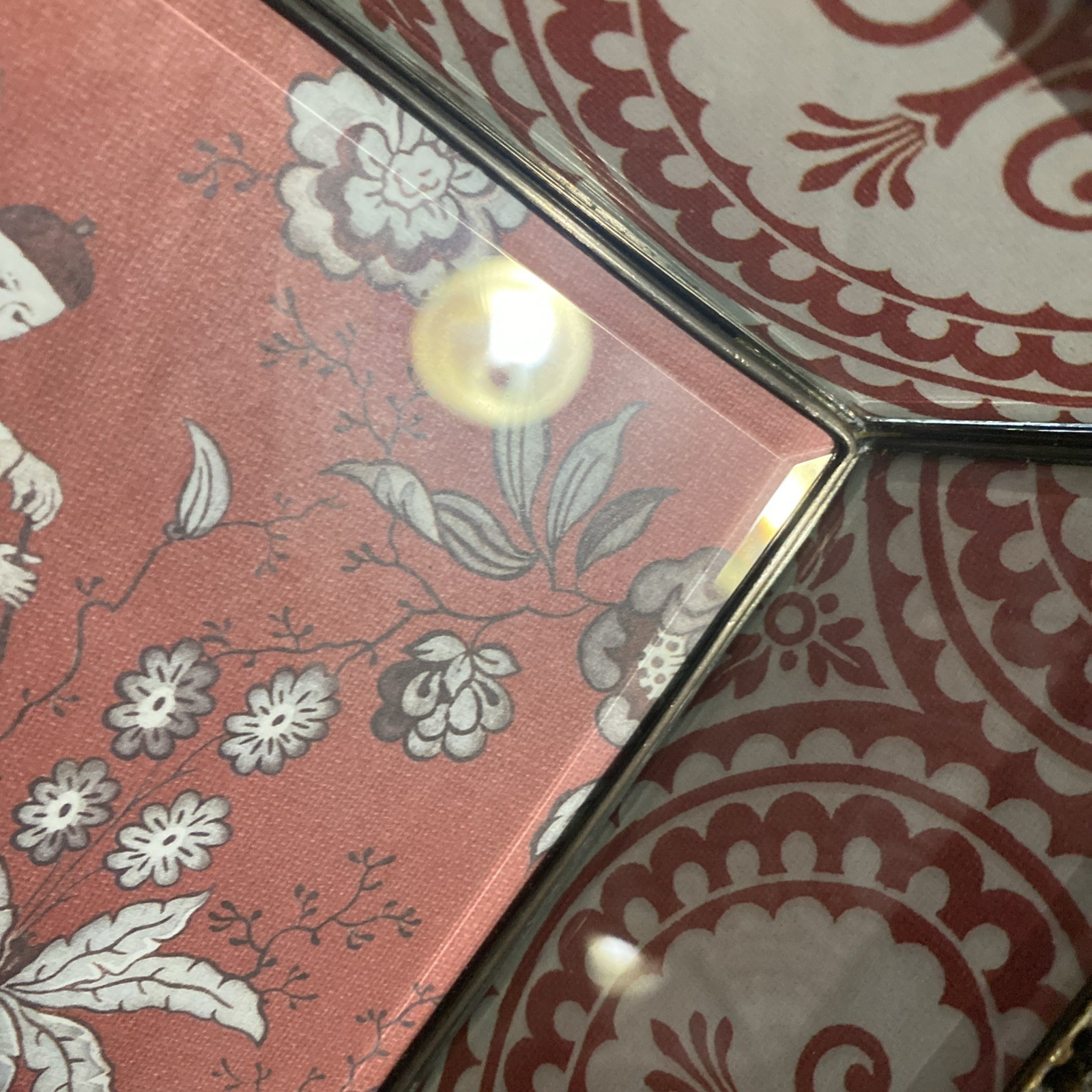 Vintage Chinoiserie Leaded glass Tray Chinese Culture Designs Reddish Pink