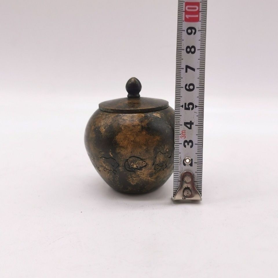 Vintage Chinese Zodiac Brass Tea Caddy Antique Copper Storage Jar 245.8g