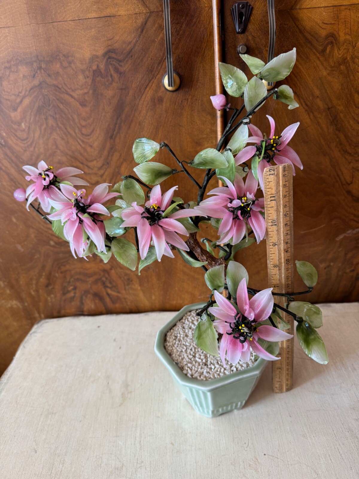 CHINESE JADE QUARTZ GLASS FLOWER TREE VINTAGE CELADON VASE PINK