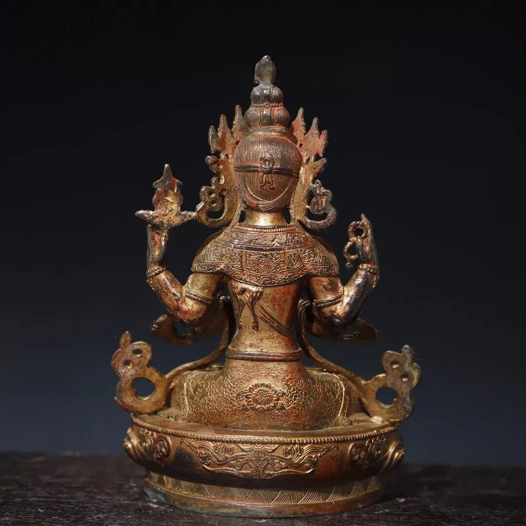 Fengshui old chinese copper Bronze mud gold [Four armed Guanyin] Buddha statue