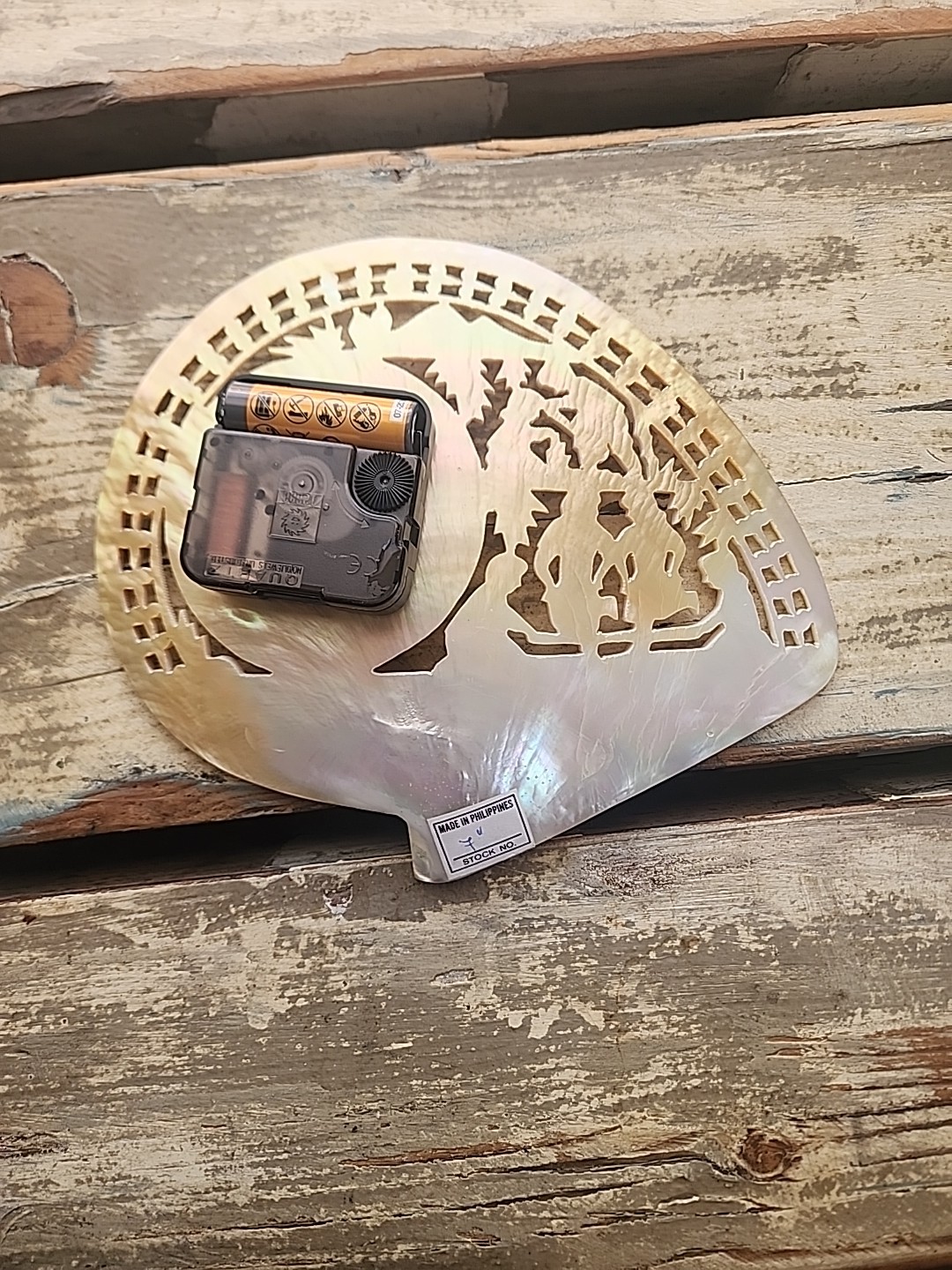Carved Mother of Pearl Shell Clock, Philippines Scene 7″ Tall, Stand Included