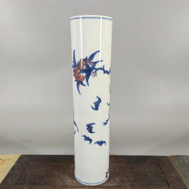 9.2″China Qing Blue White Porcelain Red Glaze Longevity Peach Bat Incense Tube