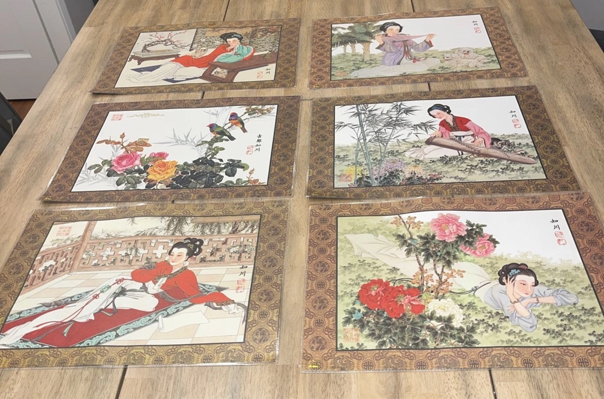 H136~ Chinese Silk Placemats Hand Painted Watercolors Double Sided Laminate