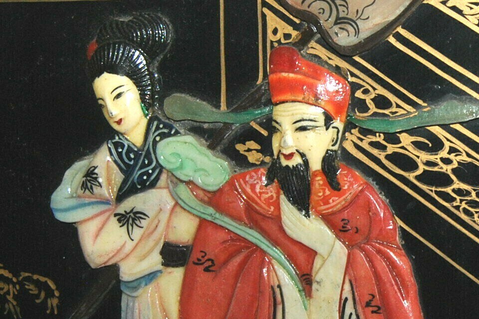 NICE Vintage Lacquer Chinese Carved Soapstone Wall Art Panel 12″ x 36″