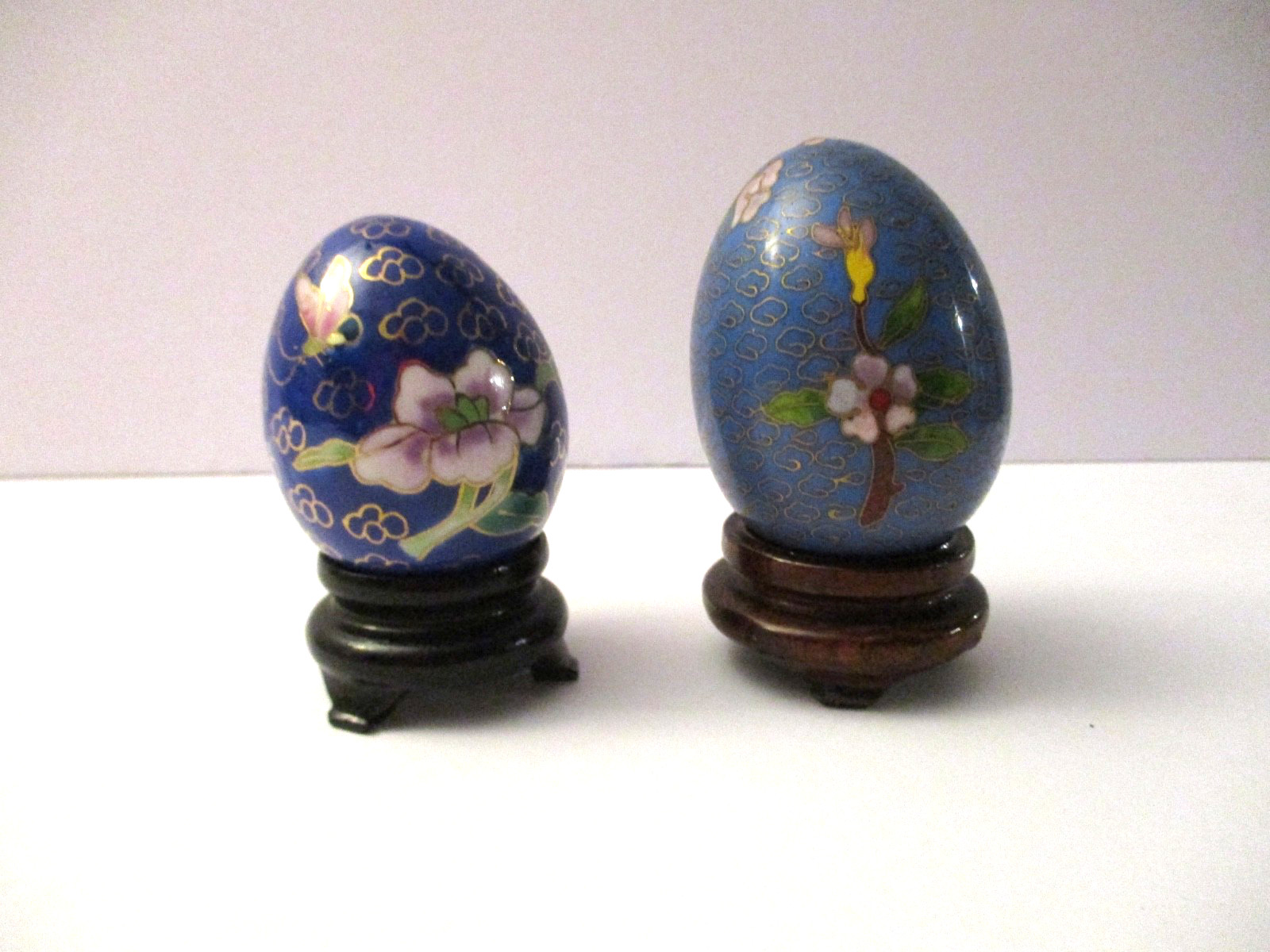 Vintage Chinese Black Cloisonné Enamel Copper Egg Pink Flowers Wood Stand In Box