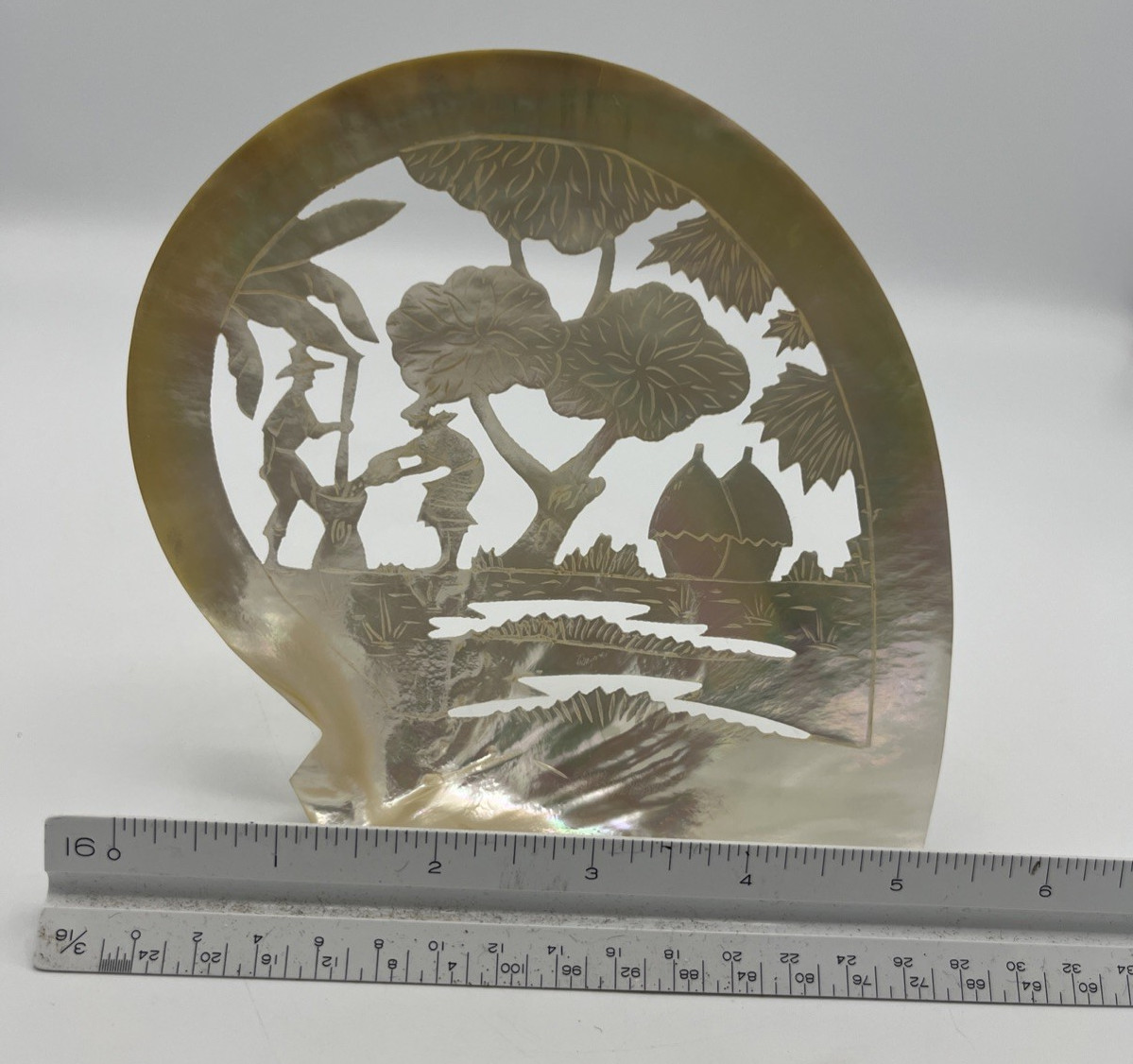 Carved Mother of Pearl Shell Asian Scene with Stand 6″ Tall
