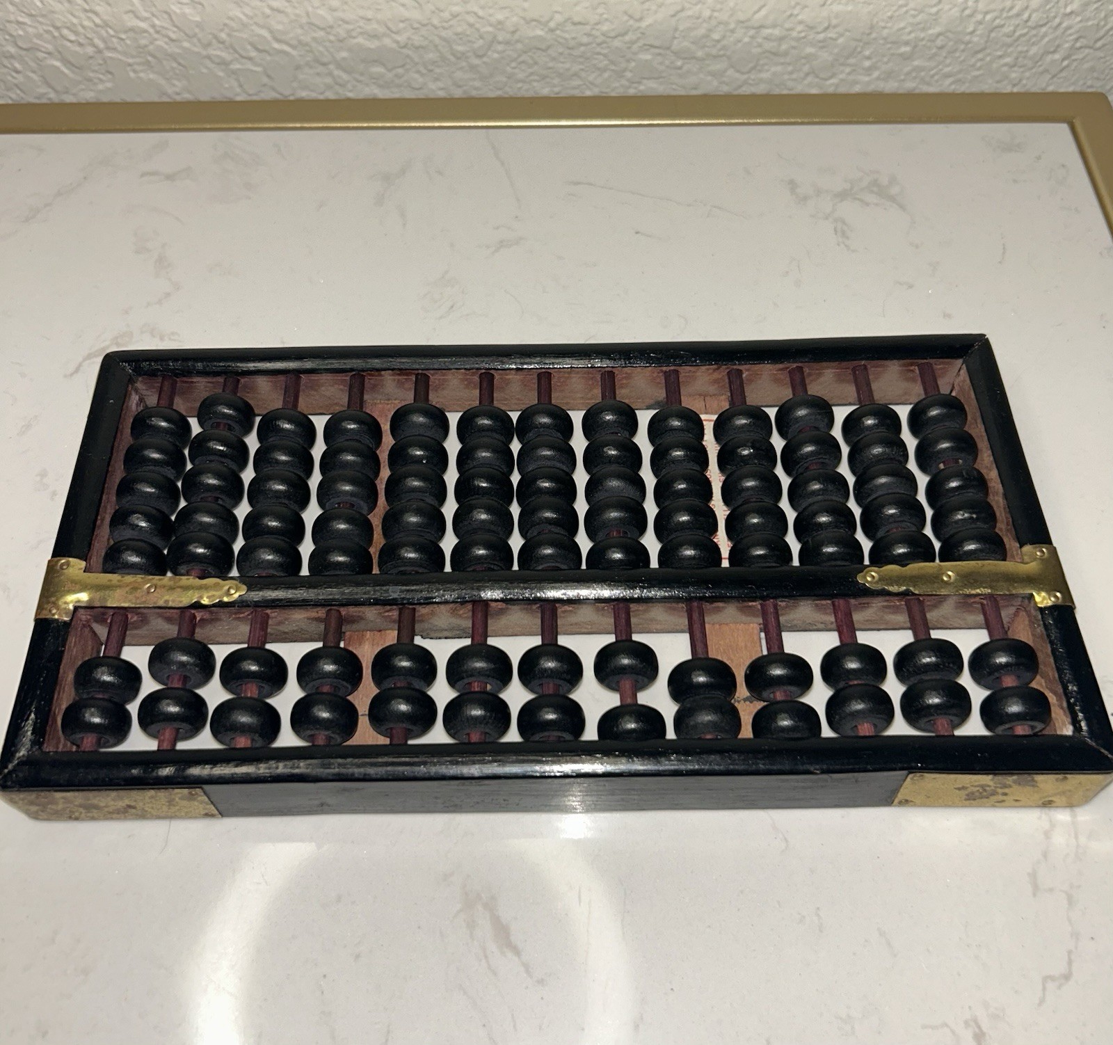 Vintage Chinese Abacus Black Wooden Bead With Brass Accents