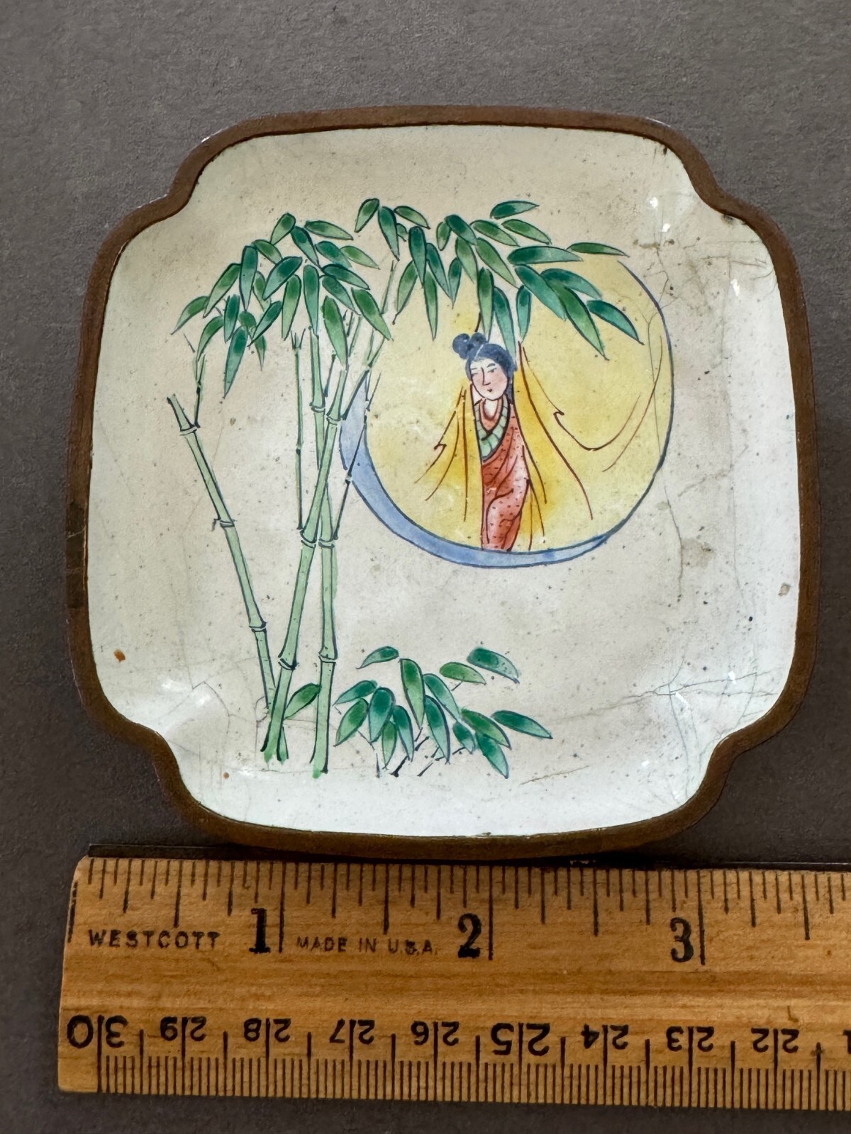 SMALL HAND PAINTED BAMBOO & WOMAN CLOISONNE TRINKET DISH TIDBIT TRAY VTG CHINA