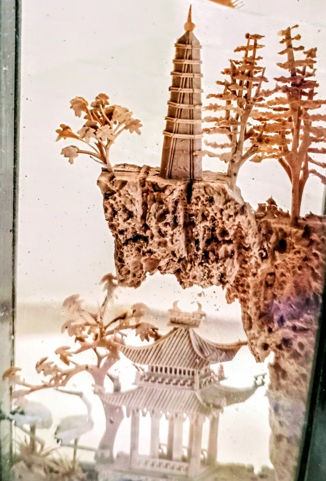 Chinese Cork Art Vintage 1980’s Miniature Screen Carved Birds, Trees, Pagodas