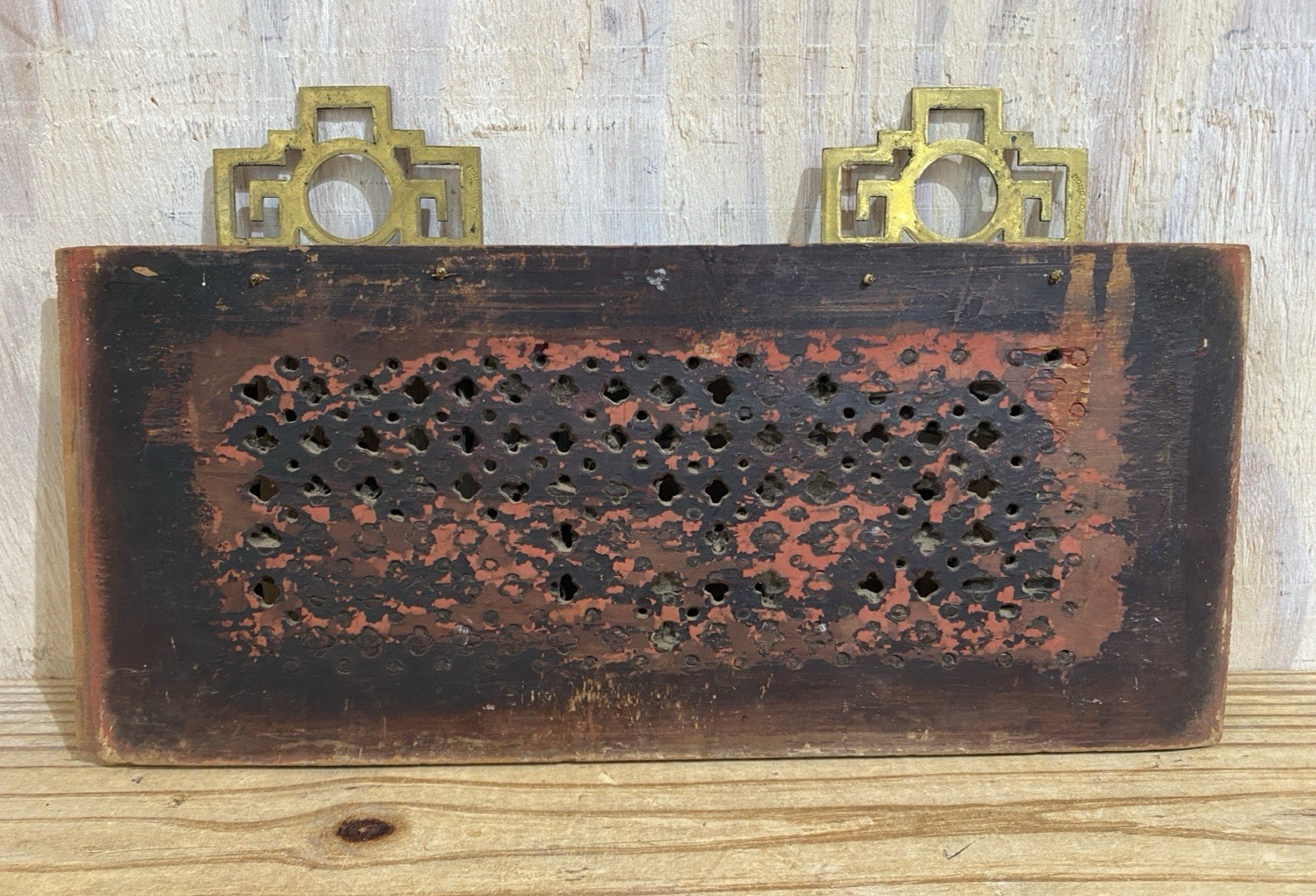Distressed Carved Gilt Wood Chinese Panel Plaque Brass Hanger