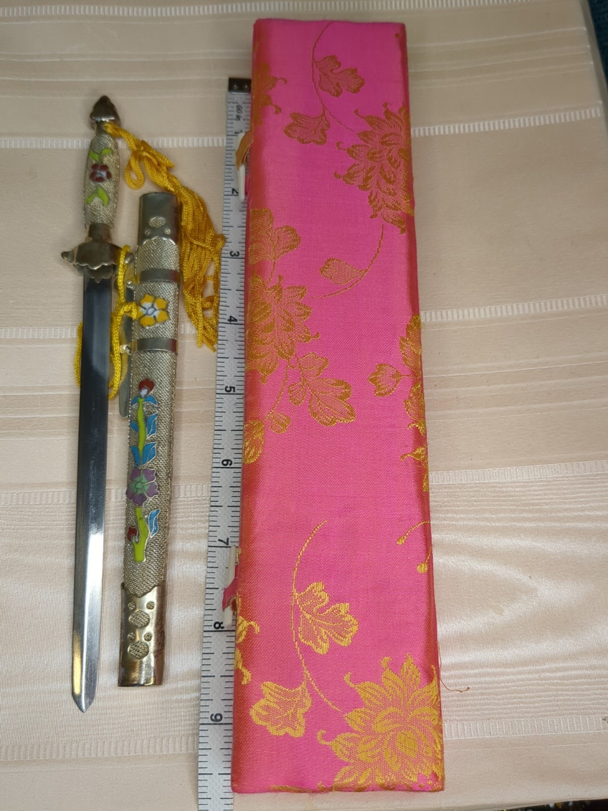 Vintage Chinese Cloisonne Letter Opener Dagger In Brocade Gift Box