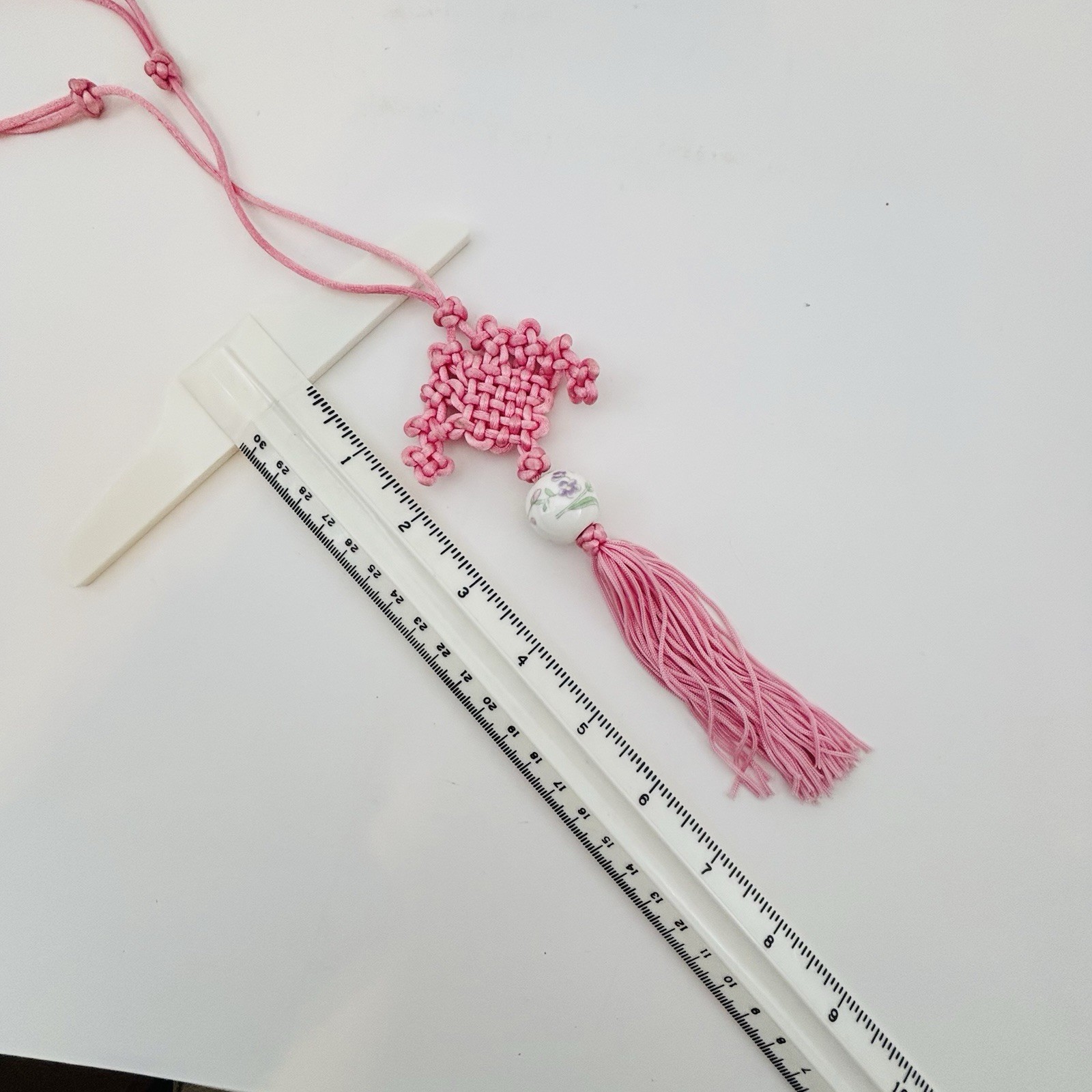 Oriental Chinese Lucky Knot Hanging Porcelain Ornament Pink With Tassel
