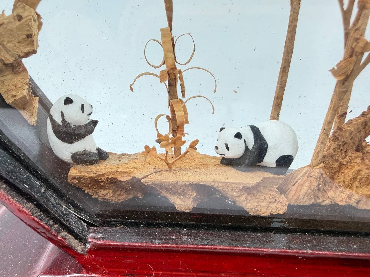 Chinese Cork Carving Panda Diorama Glass Wood Frame Tabletop Decor 1.5 lb