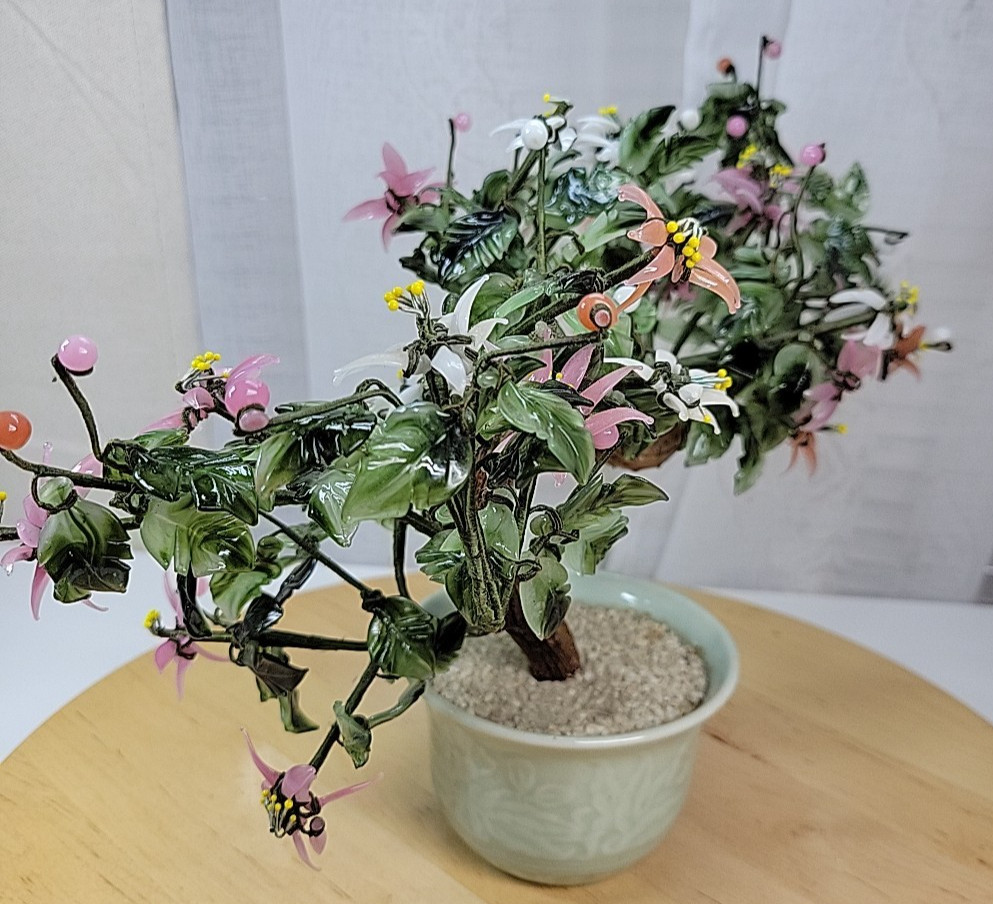 VTG Chinese Flowering Plastic Glass Jade Bonsai Tree Celadon Porcelain Cachepot