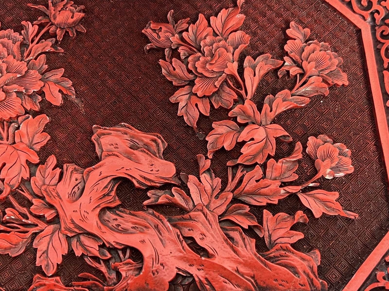 Vintage Chinese Cinnabar Lacquer Serving Tray Platter Carved Peony Floral 14×10″
