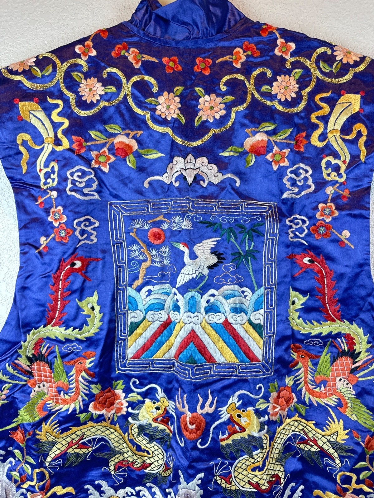 Vintage Dunhuang Fully Embroidered Chinese Dragon Crane Vest Blue M/L Oriental