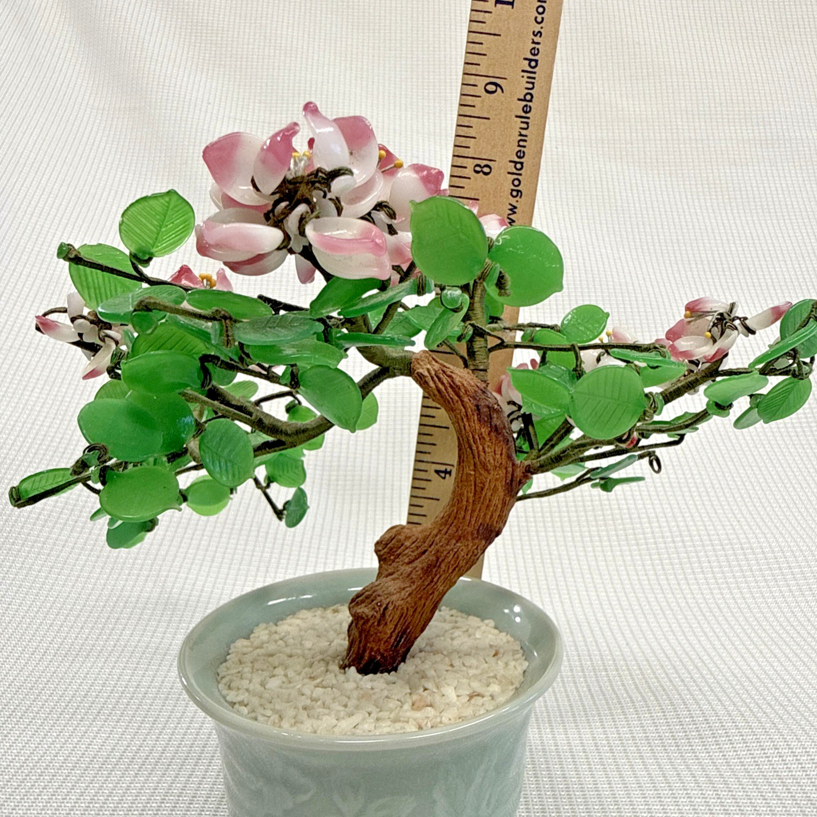 Vintage Chinese Bonsai Cherry Blossom Tree Green Jade-like Glass Leaves