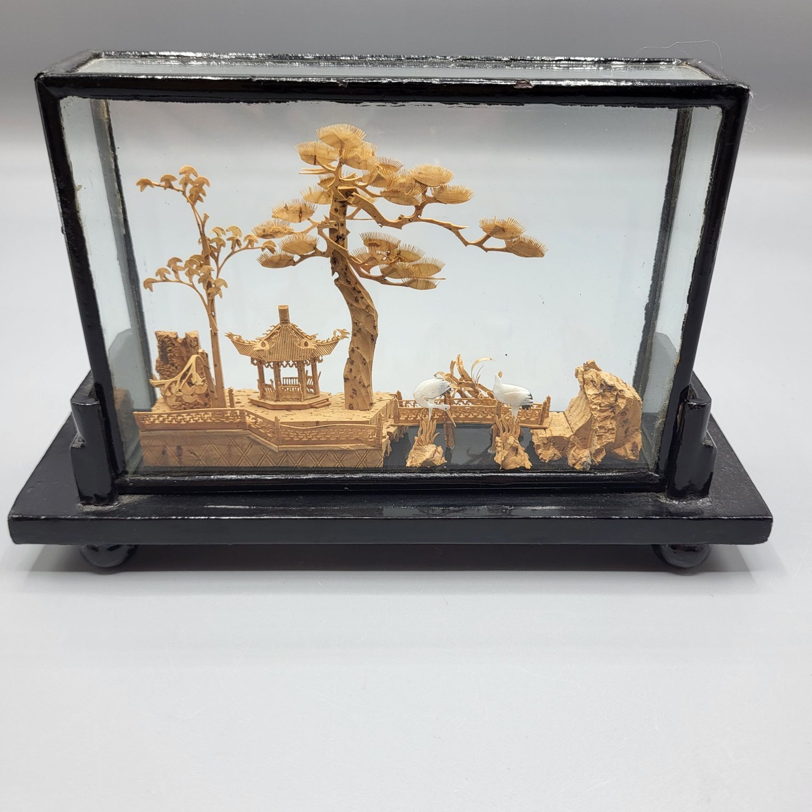 Vtg Chinese Hand Carved Cork Diorama Cranes Black Lacquer Art Stand 5″ x 7.75″