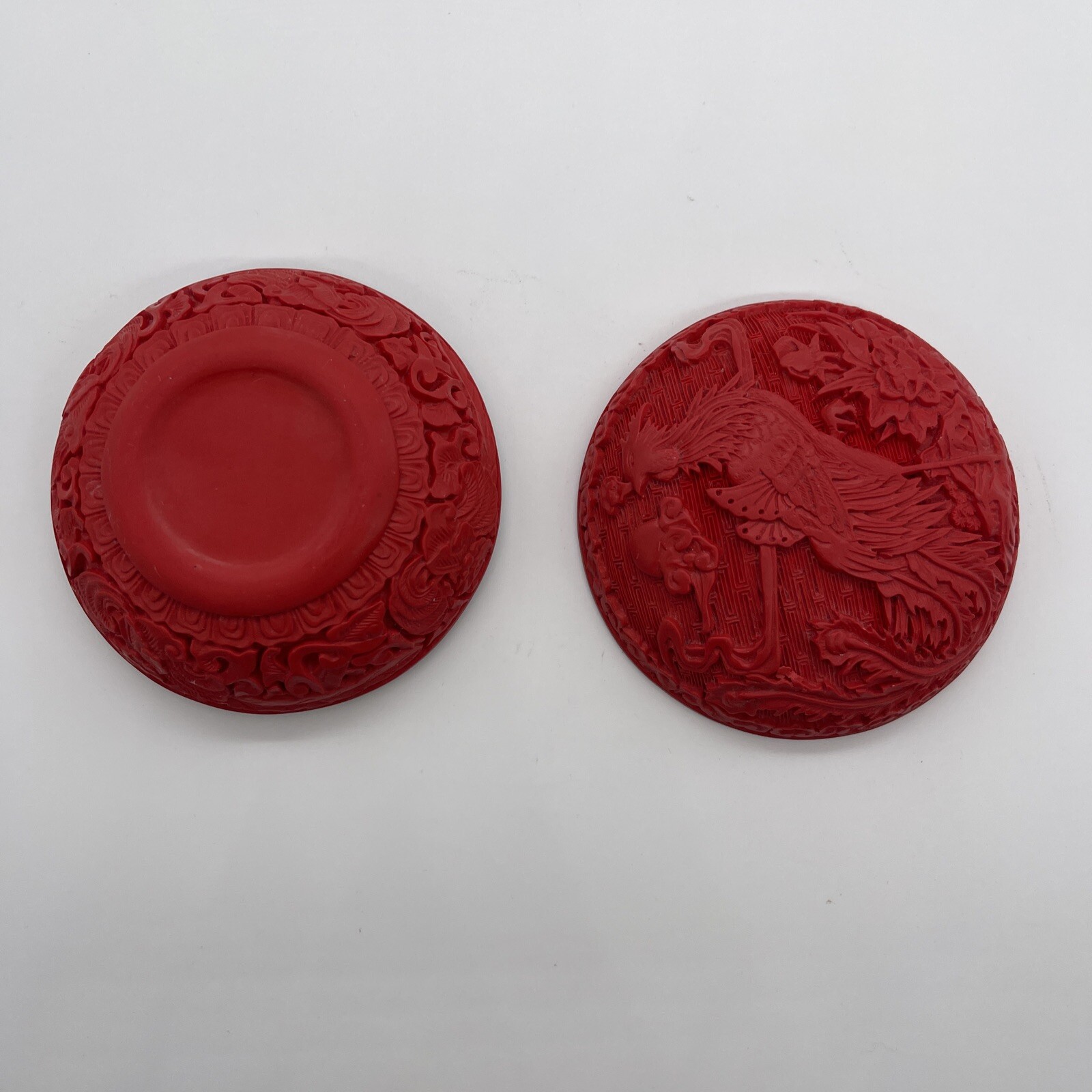 Trinket Box Cinnabar Phoenix Design on Lid & throughout Brilliant￼ Red￼ Vintage