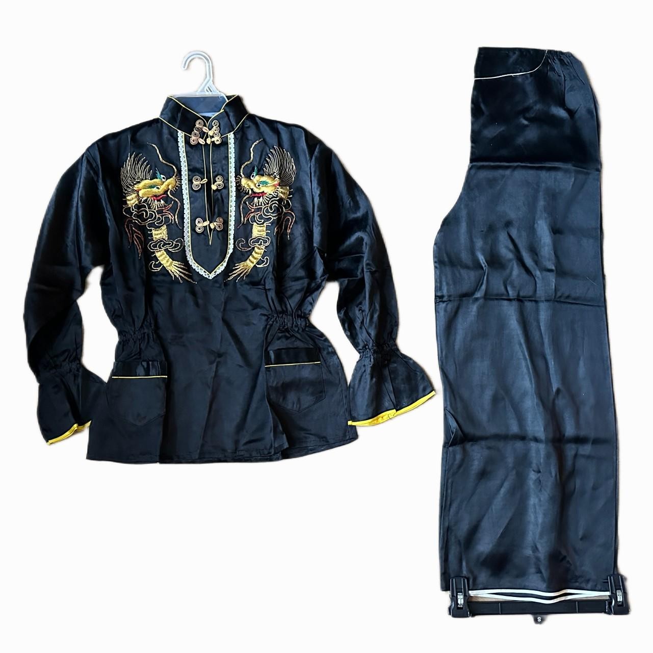 Vintage Chinese Black Silk Tang Suit w/Gold Dragon Embroidery 2 Pc Top & Pants