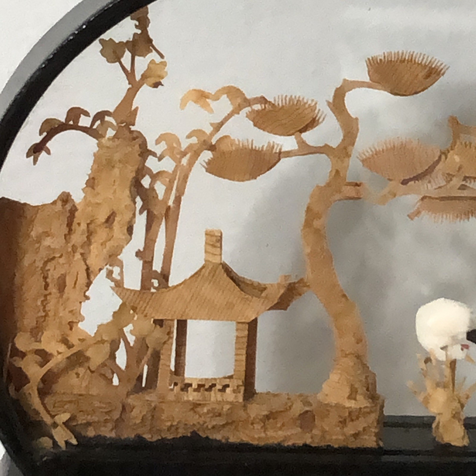 Chinese Hand Carved Cork Diorama Trees Birds House 3D Glass Dark Wood Frame Art