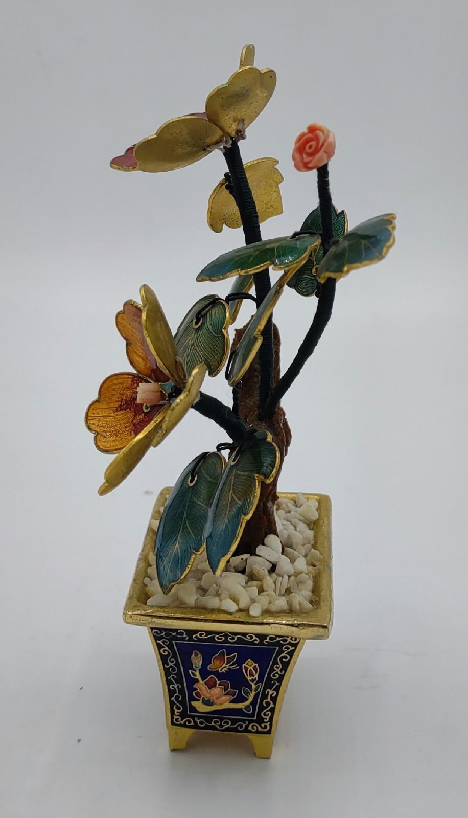 Vtg Oriental Guilloche Enamel Bonsai Tree Pink Coral Flowers Cloisonne Pot