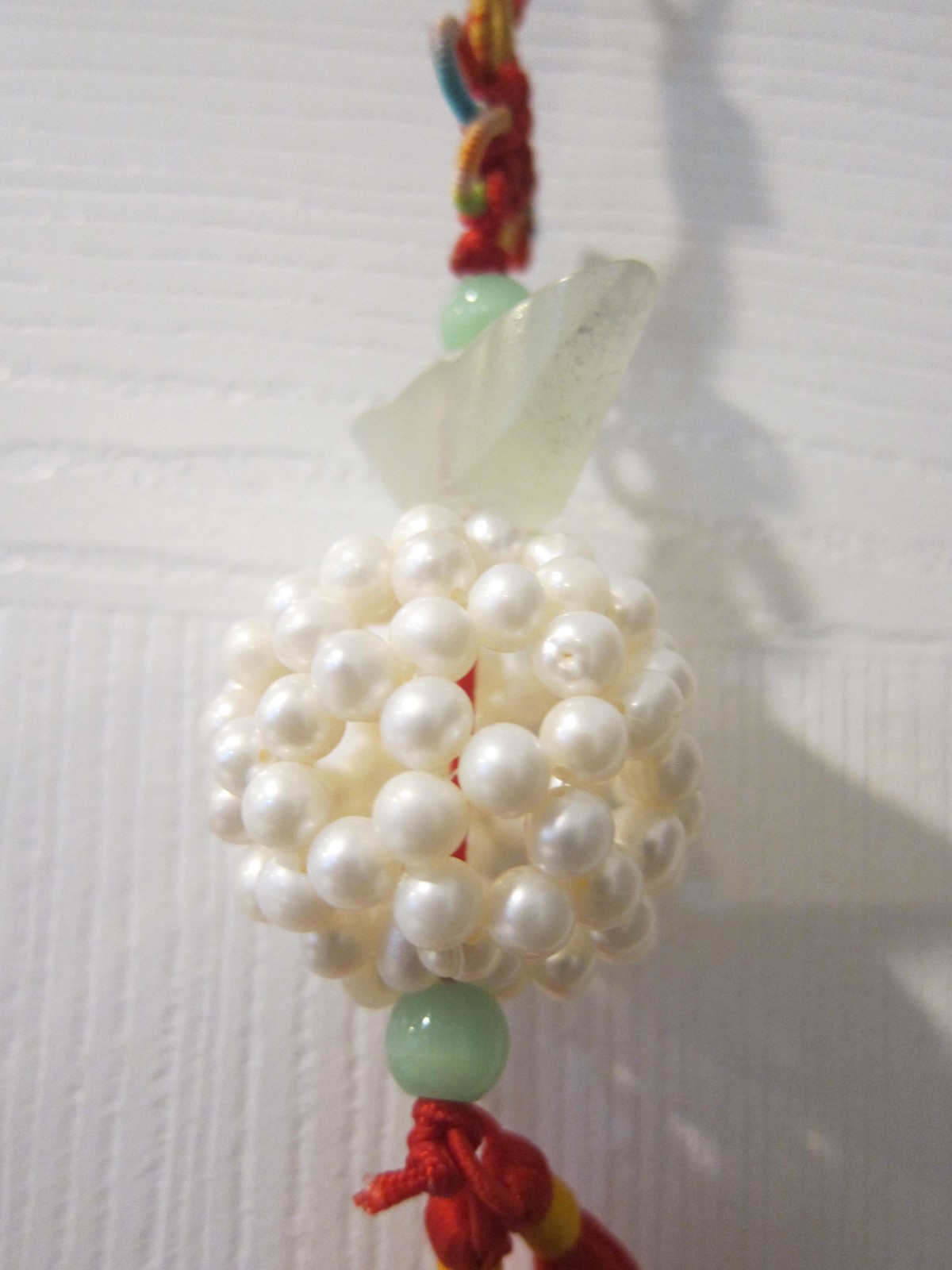 Jade and White Pearl Chinese Asian Red Tassel Pendant Feng Shui Lucky Charm
