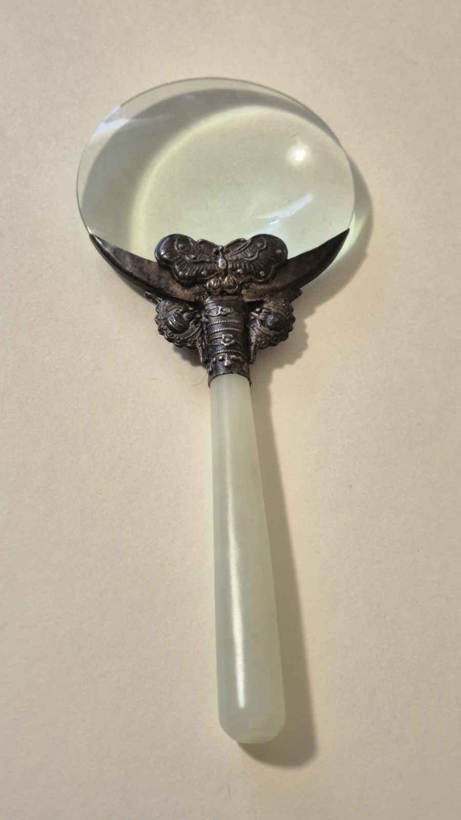 Antique 1900s Jade Stone Handle & Silver Filigree Magnifying Glass Jadeite