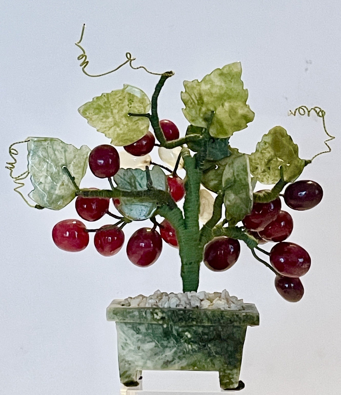 VINTAGE ORIENTAL JADE BONSAI GRAPEVINE TREE ART CARVED STONE MARBLE PLANTER