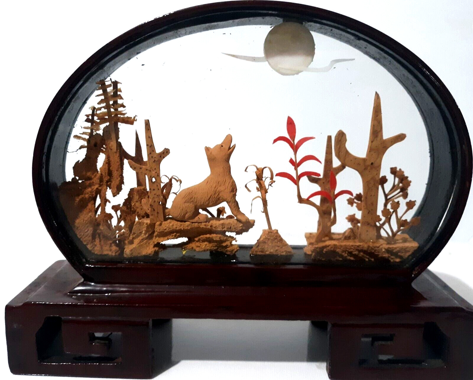 VTG Chinese Art Cork Hand Carved Diorama Bamboo Frame Desert Scene Howling Moon