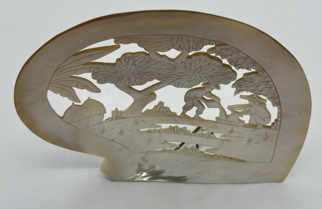 Carved Mother of Pearl Shell Asian Scene with Stand 6″ Tall