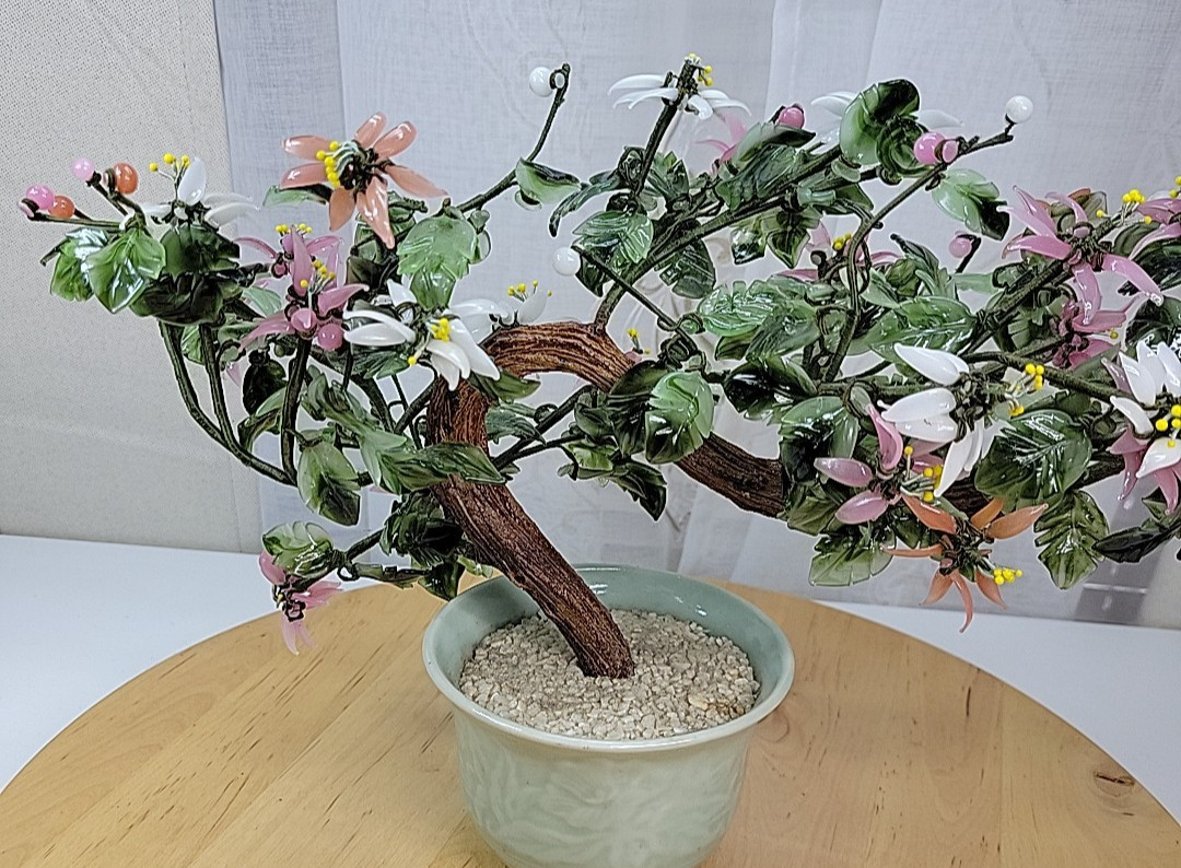 VTG Chinese Flowering Plastic Glass Jade Bonsai Tree Celadon Porcelain Cachepot