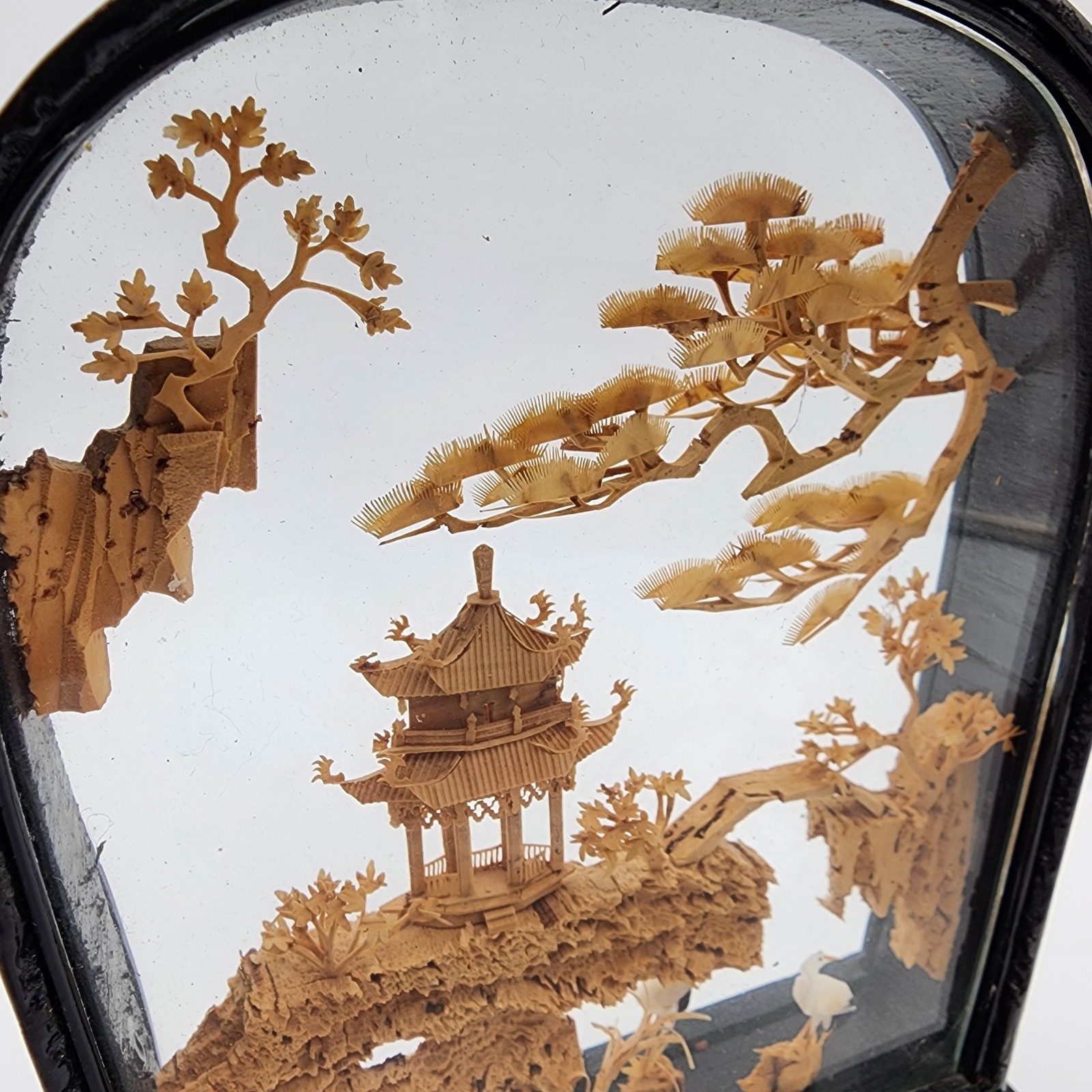 VTG San You Chinese Carved Cork Glass Black Lacquer Wood w/ Cranes Pagoda Trees