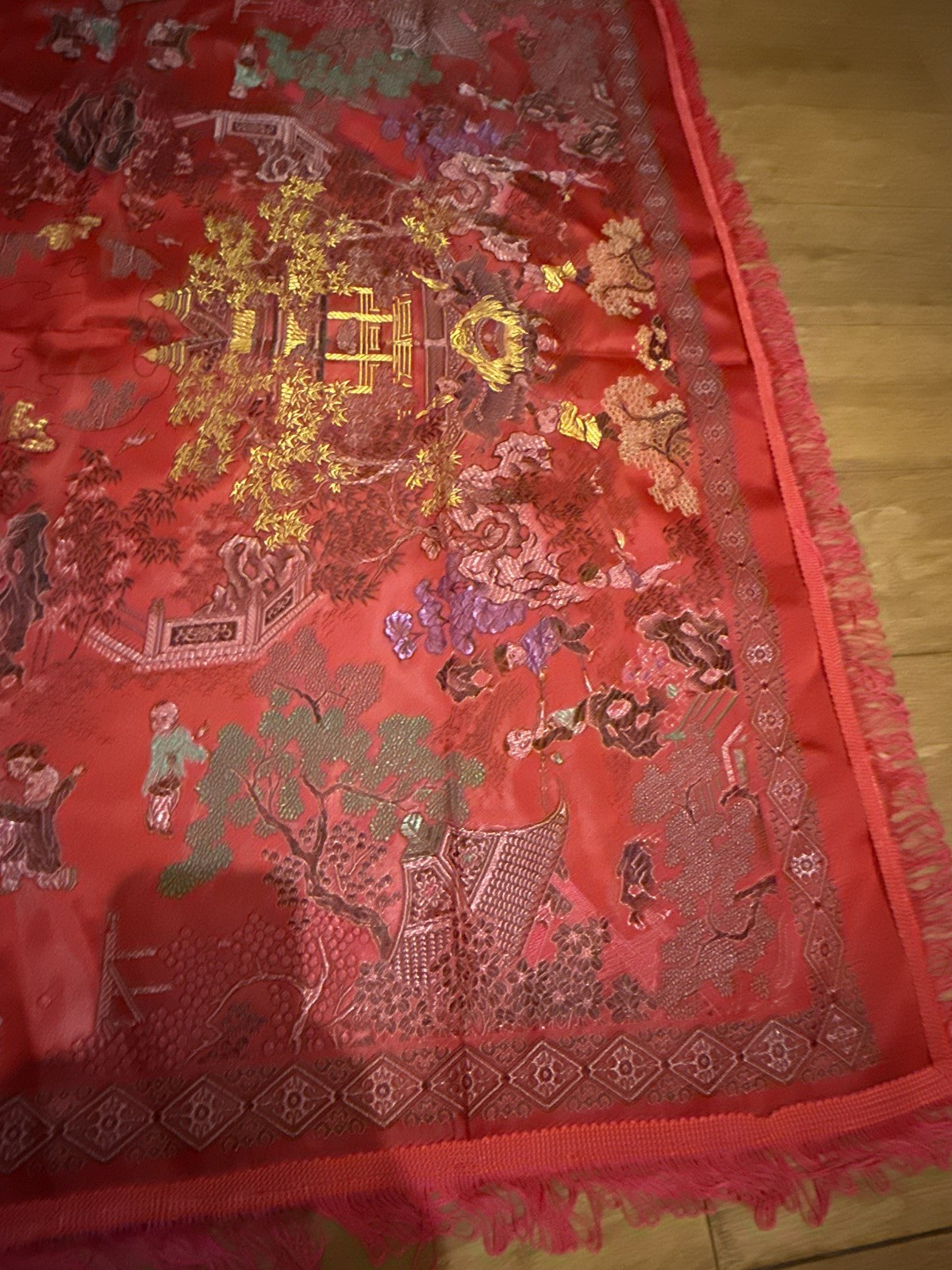 Vintage Brocaded Flowers Chinese Silk Tapestry Table Cloth 38” X 38”