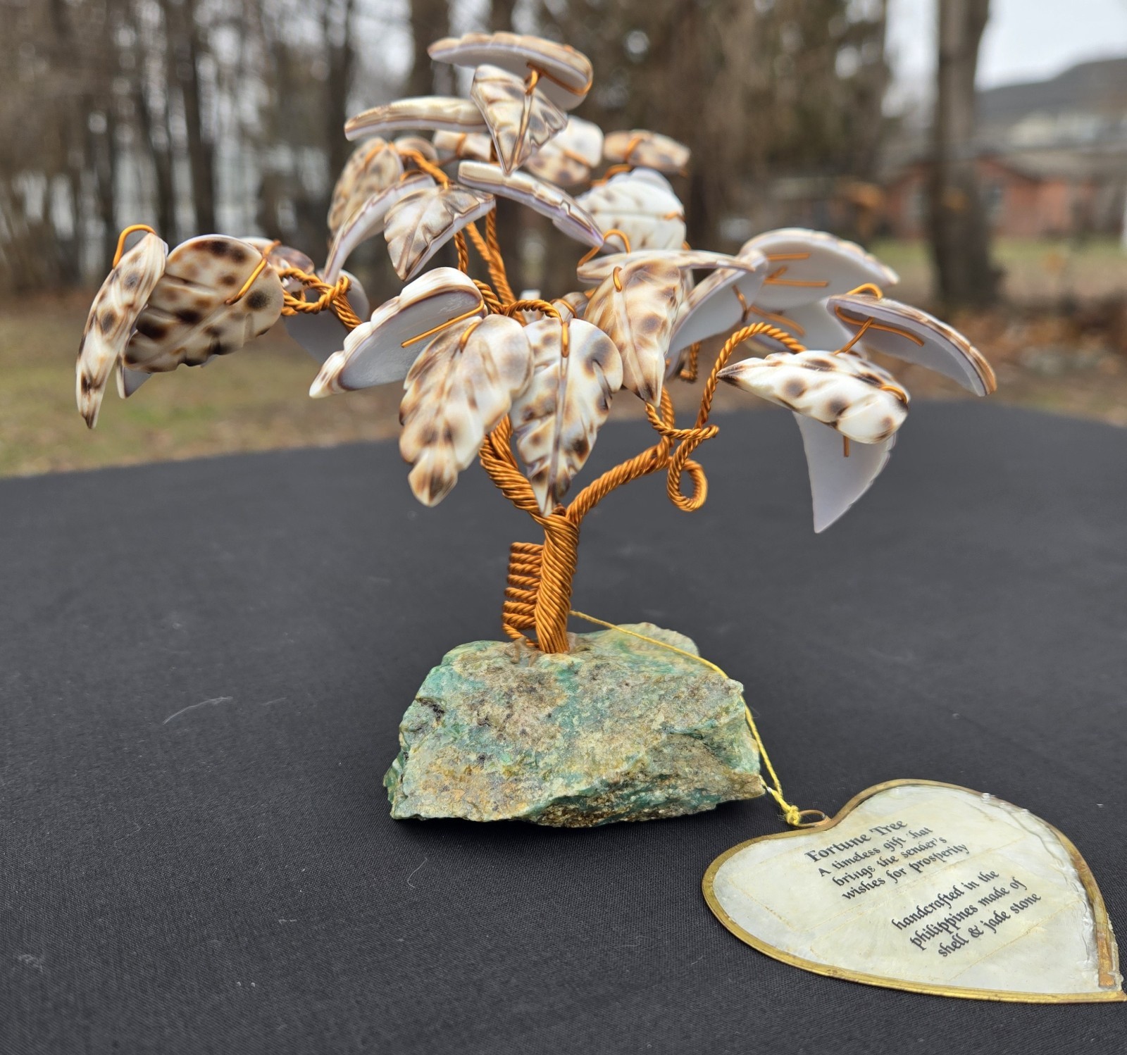 Vintage 5.5 In Fortune Copper & Carved Sea Shell Tree On Jade Stone Original Tag
