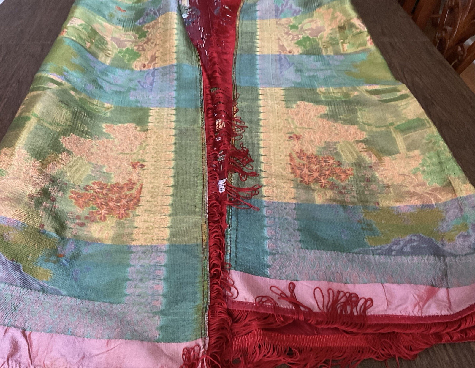 Vintage Brocaded Flowers brand Chinese Red Silk Tapestry Tablecloth 80″x54″