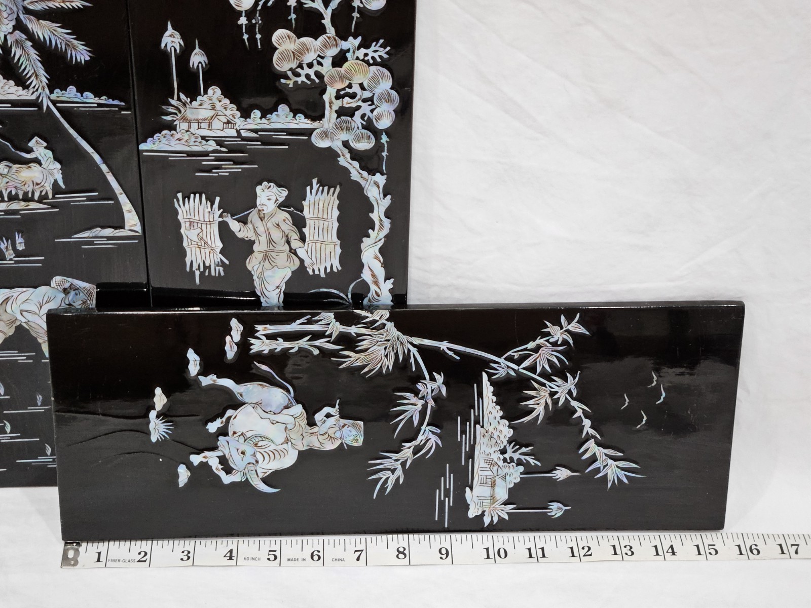 Vintage Asian Black Lacquer Mother of Pearl Inlay Wall Panels Set of 4