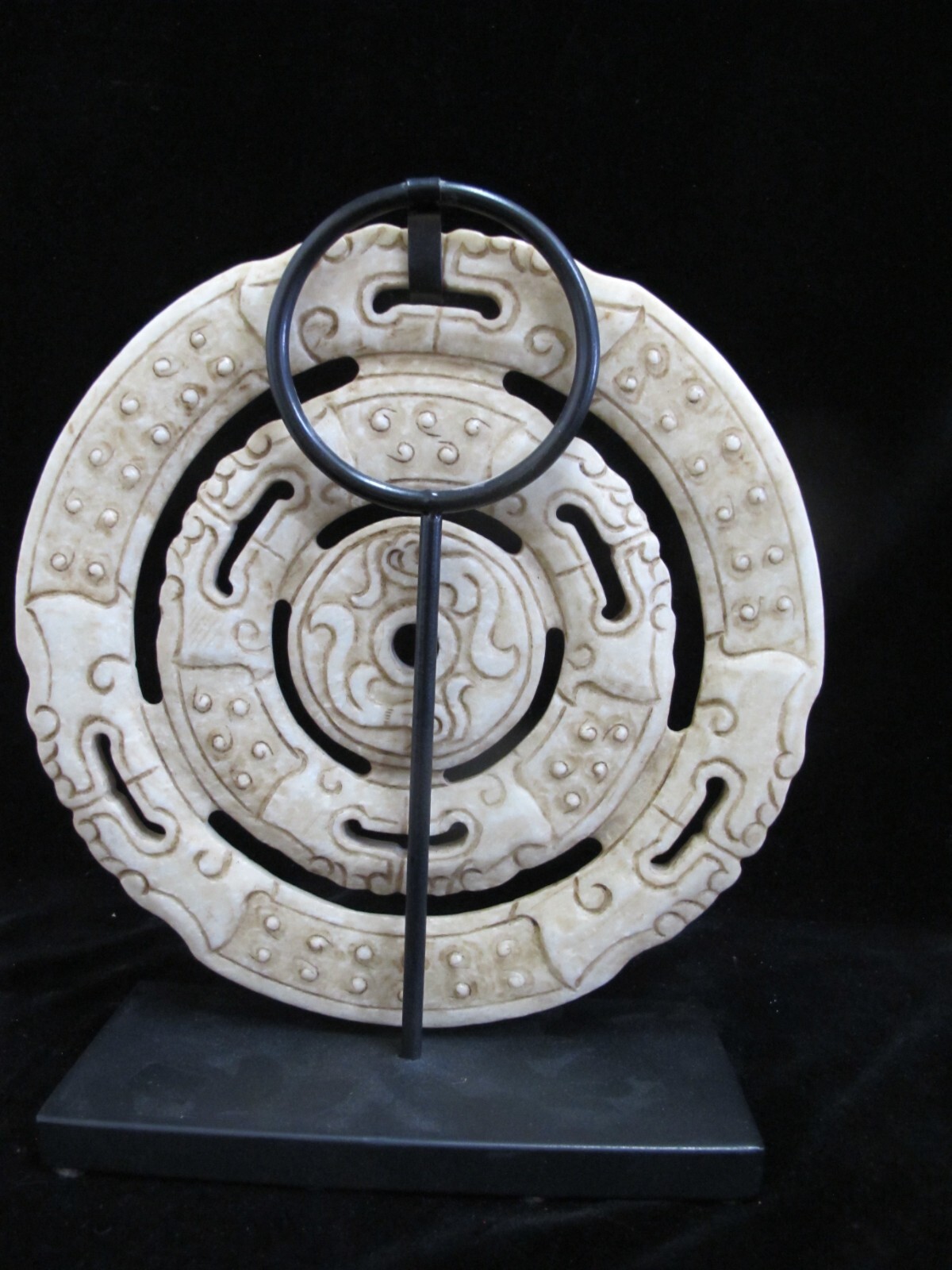CHINESE Large DRAGON Carved Stone Reticulated MEDALLION Disc Sculpture w/ Stand