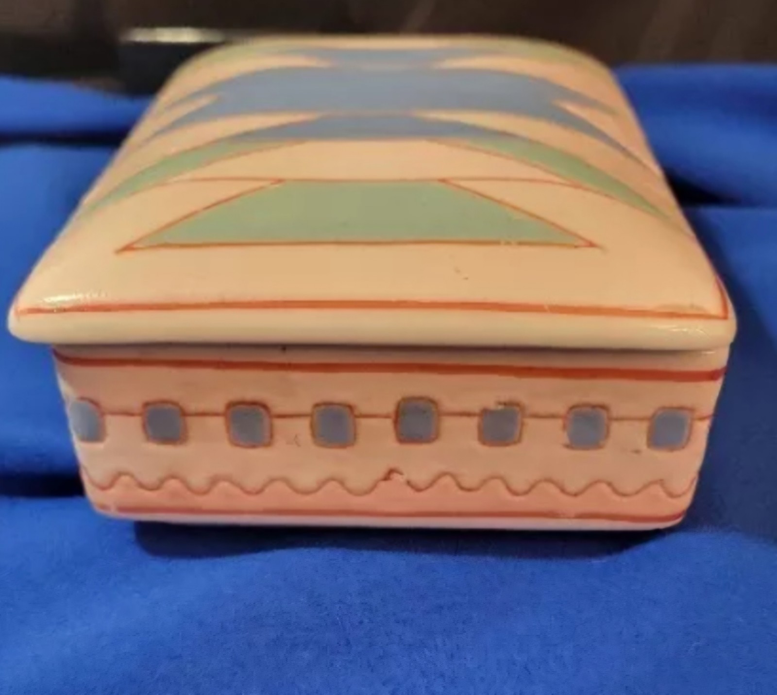 Aztec Trinket Box Jewelry Porcelain Macau Painted Design Blues 3.5×4.5x 1 3/4