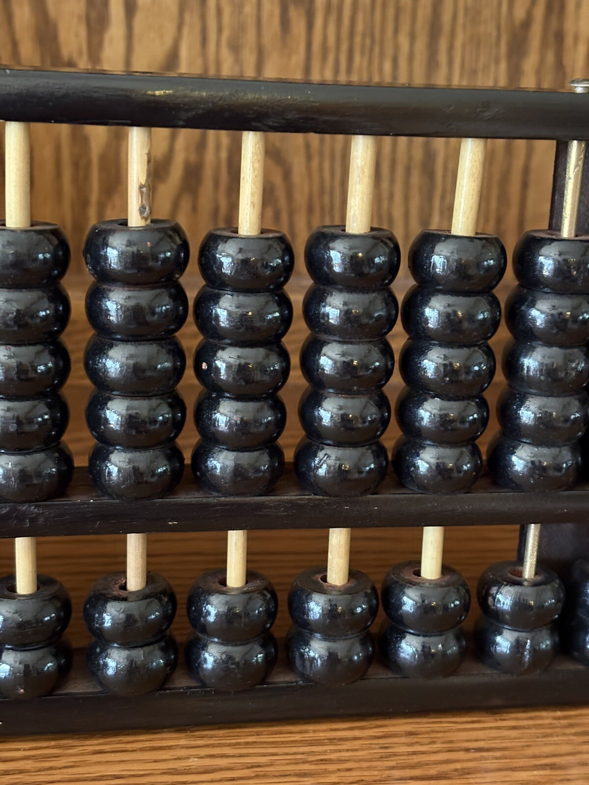 Vintage Zhejiang Chinese Black Wooden Abacus 13 Rods 91 Beads Brass Accents GVC
