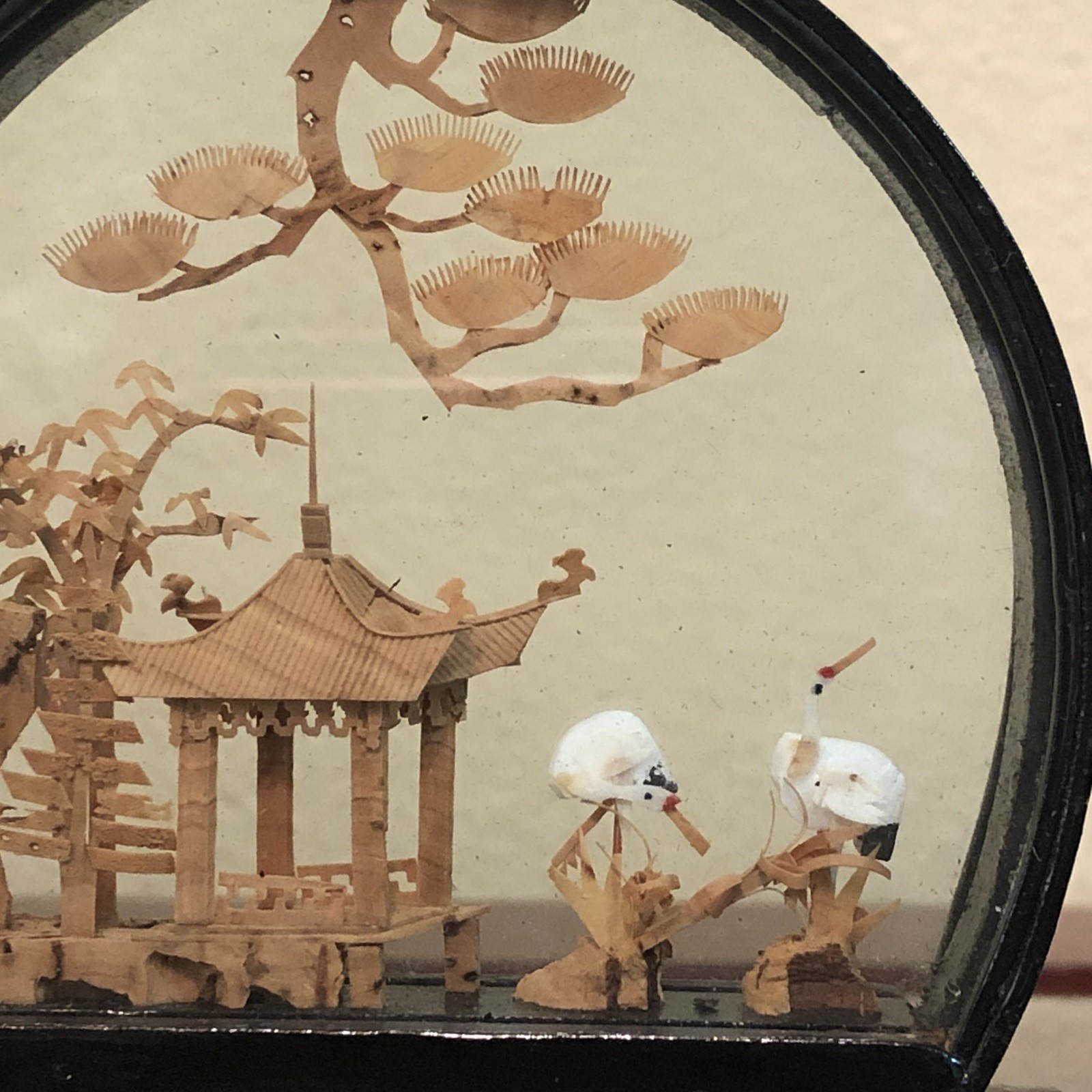 Vintage Chinese Cork Carving Art Diorama Pagoda Trees Cranes 4.25″ H