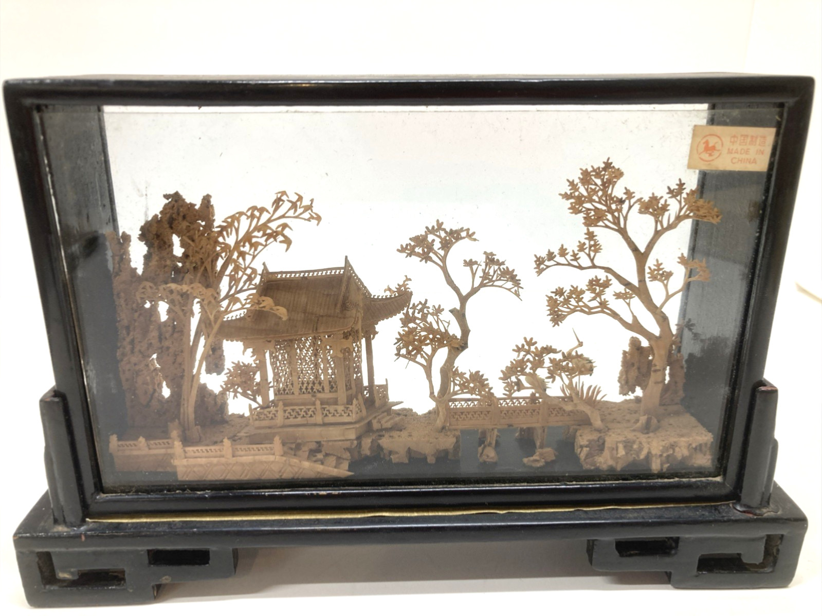 Chinese Cork Art Village Scene Cranes Glass Frame Wood Stand Vintage READ