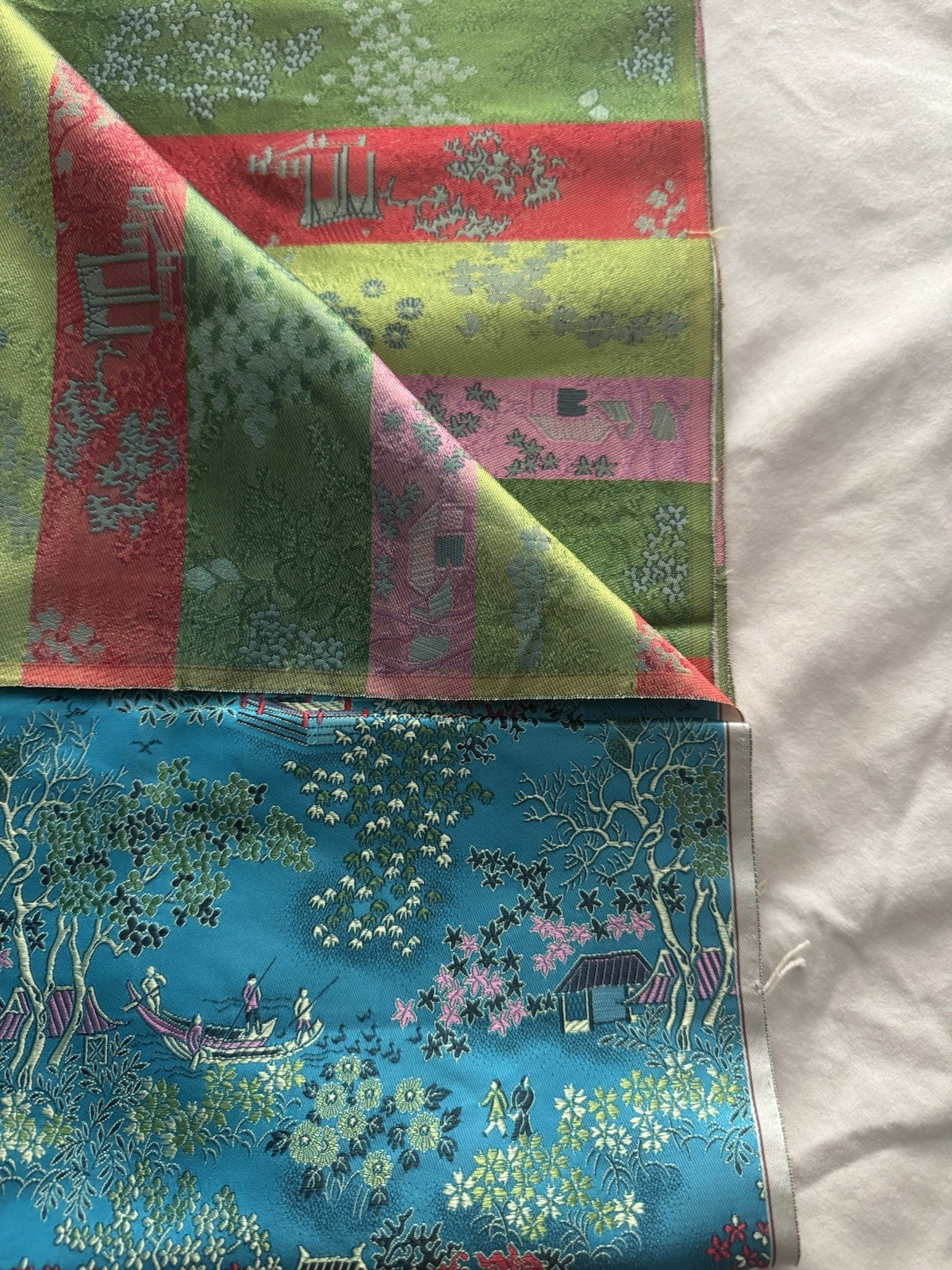 Vintage Chinese Blue Brocade Fabric Textile 4Yds X 36″ Wide Pagoda Flowers Boat