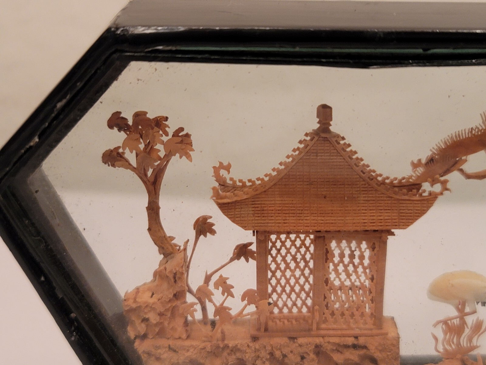 Chinese Cork & Wood Diorama Hand Carved Asian Crane Pagoda Tree Art Glass